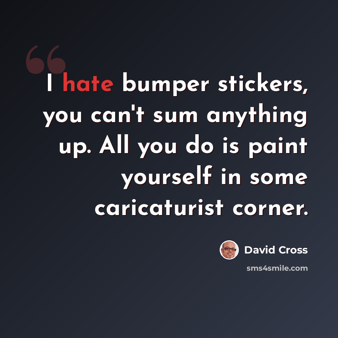 “I hate bumper stickers, you can't sum anything up. All you do is paint yourself in some caricaturist corner.” quote by David Cross