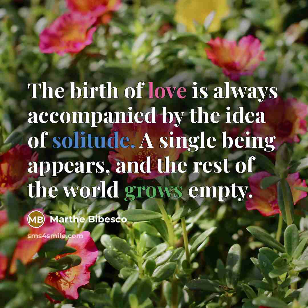 “The birth of love is always accompanied by the idea of solitude. A single being appears, and the rest of the world grows empty.” quote by Marthe Bibesco