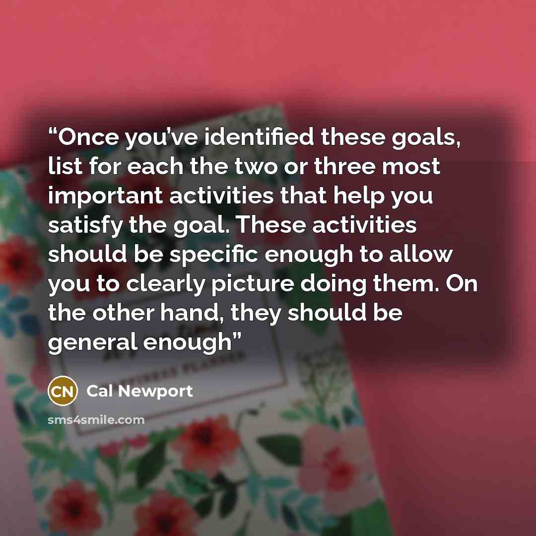 “Once you’ve identified these goals, list for each the two or three most important activities that help you satisfy the goal. These activities should be specific enough to allow you to clearly picture doing them. On the other hand, they should be general enough” quote by Cal Newport