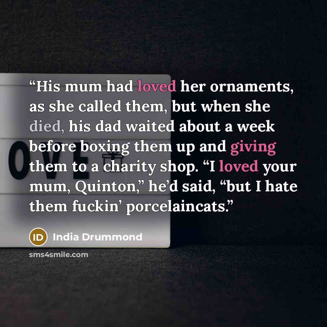 “His mum had loved her ornaments, as she called them, but when she died, his dad waited about a week before boxing them up and giving them to a charity shop. “I loved your mum, Quinton,” he’d said, “but I hate them fuckin’ porcelaincats.” quote by India Drummond