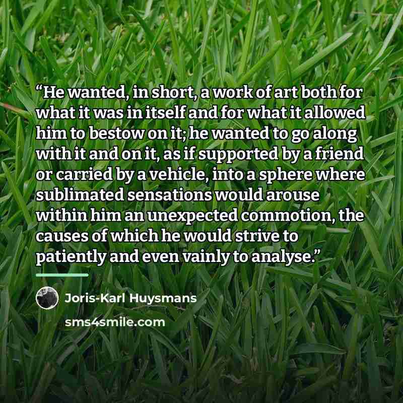 “He wanted, in short, a work of art both for what it was in itself and for what it allowed him to bestow on it; he wanted to go along with it and on it, as if supported by a friend or carried by a vehicle, into a sphere where sublimated sensations would arouse within him an unexpected commotion…” quote by Joris-Karl Huysmans
