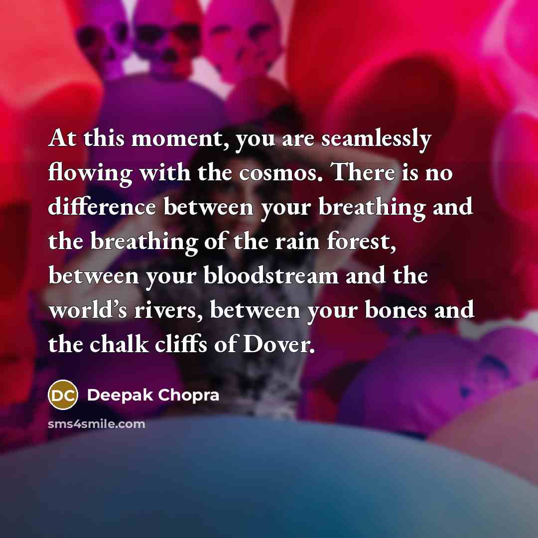 “At this moment, you are seamlessly flowing with the cosmos. There is no difference between your breathing and the breathing of the rain forest, between your bloodstream and the world’s rivers, between your bones and the chalk cliffs of Dover.” quote by Deepak Chopra