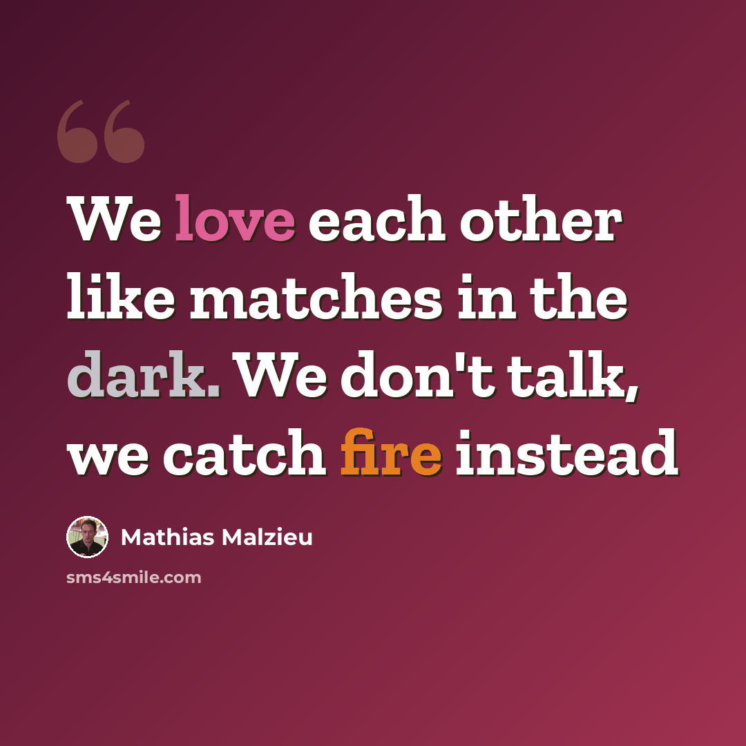 “We love each other like matches in the dark. We don't talk, we catch fire instead” quote by Mathias Malzieu