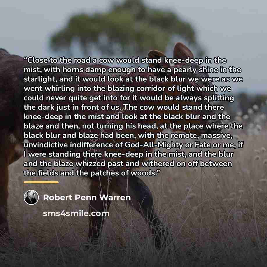 “Close to the road a cow would stand knee-deep in the mist, with horns damp enough to have a pearly shine in the starlight, and it would look at the black blur we were as we went whirling into the blazing corridor of light which we could never quite get into for it would be always splitting the…” quote by Robert Penn Warren