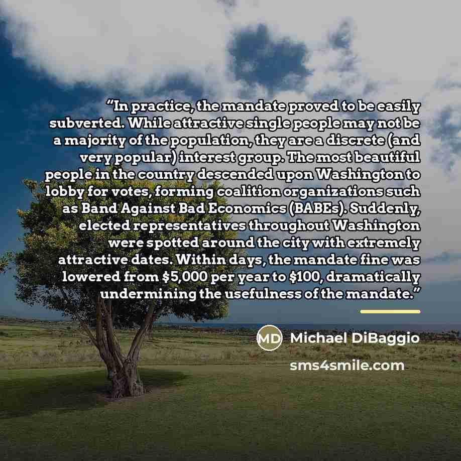 “In practice, the mandate proved to be easily subverted. While attractive single people may not be a majority of the population, they are a discrete (and very popular) interest group. The most beautiful people in the country descended upon Washington to lobby for votes, forming coalition…” quote by Michael DiBaggio