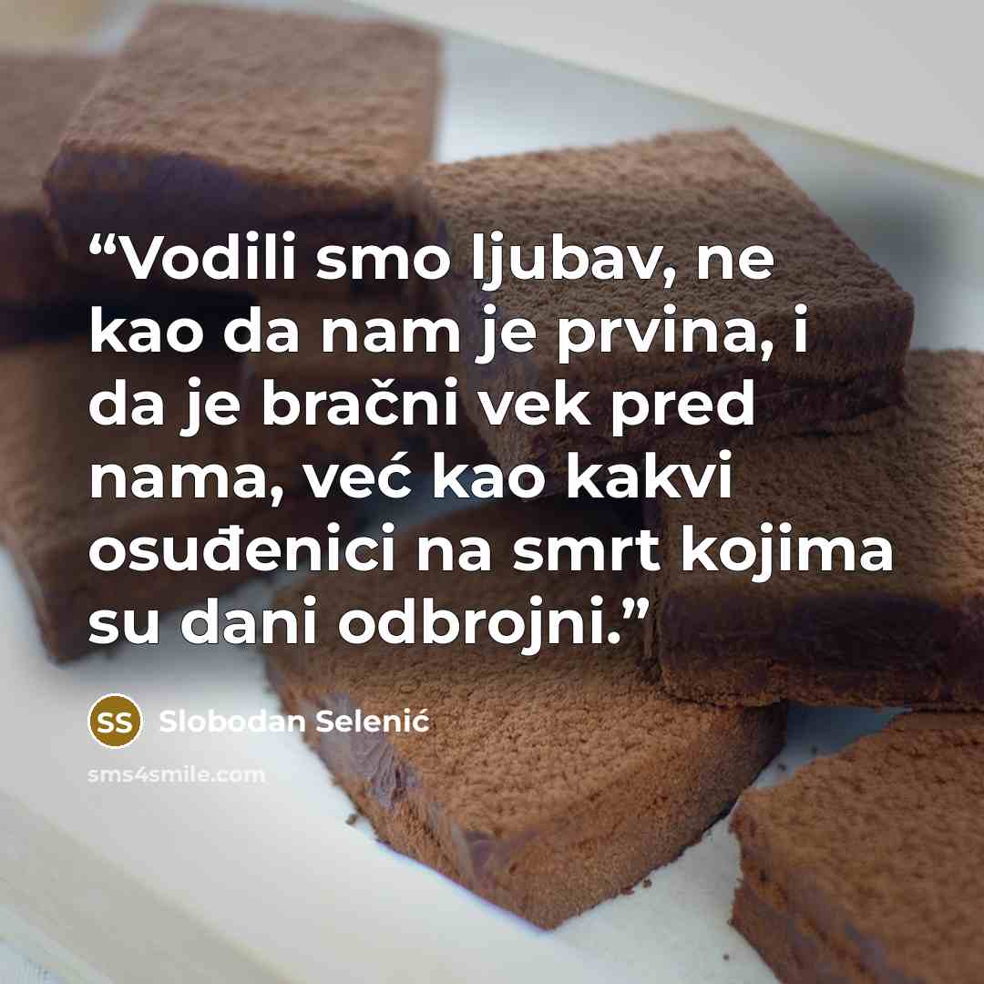 “Vodili smo ljubav, ne kao da nam je prvina, i da je bračni vek pred nama, već kao kakvi osuđenici na smrt kojima su dani odbrojni.” quote by Slobodan Selenić