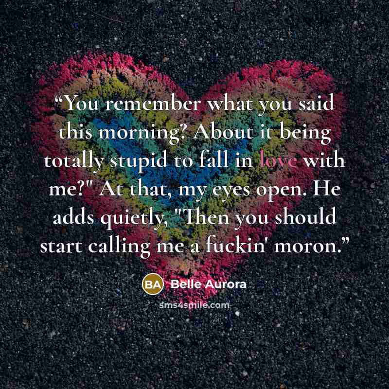 “You remember what you said this morning? About it being totally stupid to fall in love with me?" At that, my eyes open. He adds quietly, "Then you should start calling me a fuckin' moron.” quote by Belle Aurora