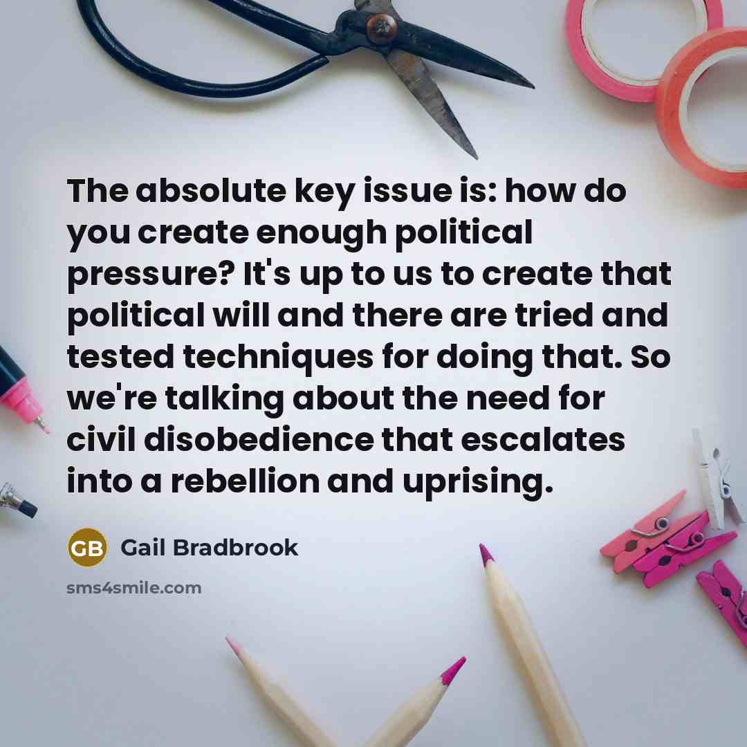 “The absolute key issue is: how do you create enough political pressure? It's up to us to create that political will and there are tried and tested techniques for doing that. So we're talking about the need for civil disobedience that escalates into a rebellion and uprising.” quote by Gail Bradbrook