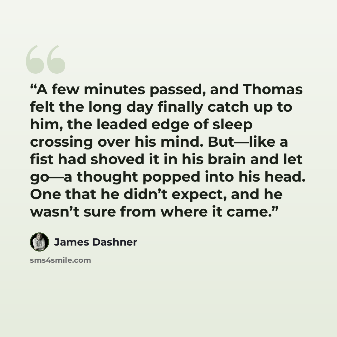 “A few minutes passed, and Thomas felt the long day finally catch up to him, the leaded edge of sleep crossing over his mind. But—like a fist had shoved it in his brain and let go—a thought popped into his head. One that he didn’t expect, and he wasn’t sure from where it came.” quote by James Dashner