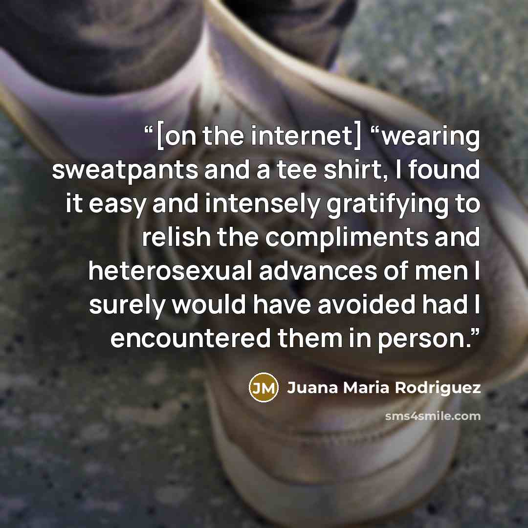 “[on the internet] “wearing sweatpants and a tee shirt, I found it easy and intensely gratifying to relish the compliments and heterosexual advances of men I surely would have avoided had I encountered them in person.” quote by Juana Maria Rodriguez