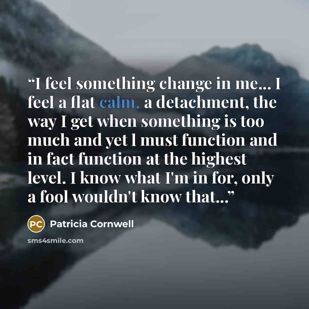 “I feel something change in me... I feel a flat calm, a detachment, the way I get when something is too much and yet l must function and in fact function at the highest level. I know what I'm in for, only a fool wouldn't know that...” quote by Patricia Cornwell