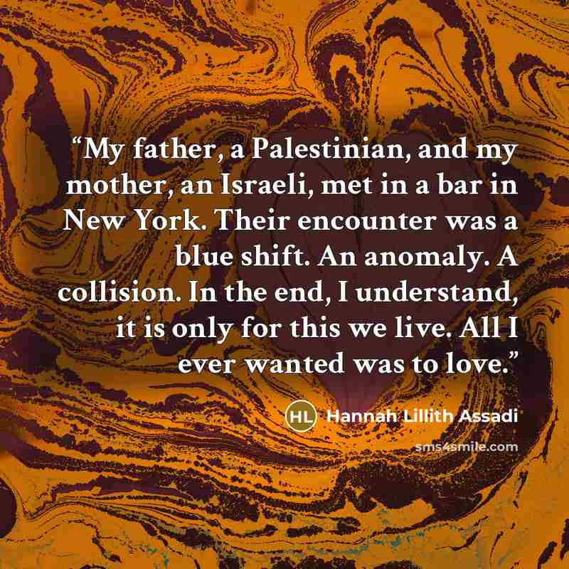 “My father, a Palestinian, and my mother, an Israeli, met in a bar in New York. Their encounter was a blue shift. An anomaly. A collision. In the end, I understand, it is only for this we live. All I ever wanted was to love.” quote by Hannah Lillith Assadi