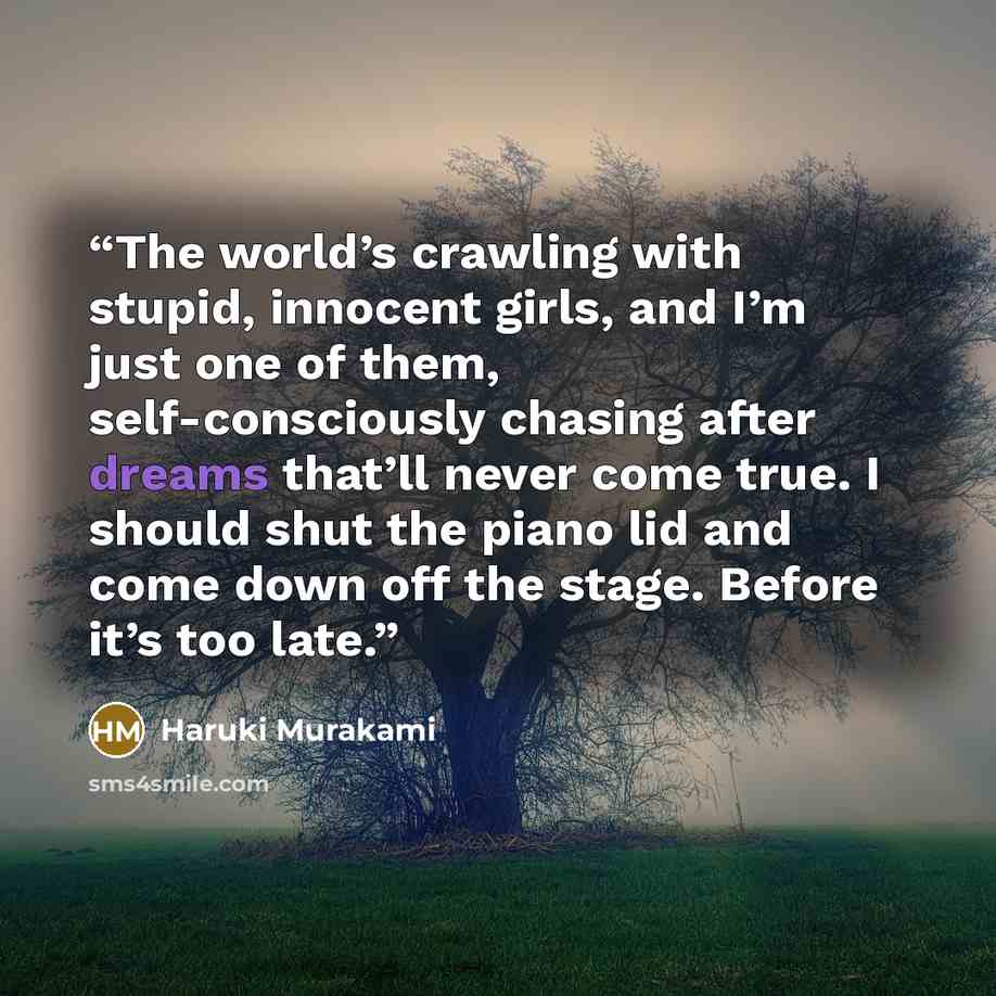 “The world’s crawling with stupid, innocent girls, and I’m just one of them, self-consciously chasing after dreams that’ll never come true. I should shut the piano lid and come down off the stage. Before it’s too late.” quote by Haruki Murakami
