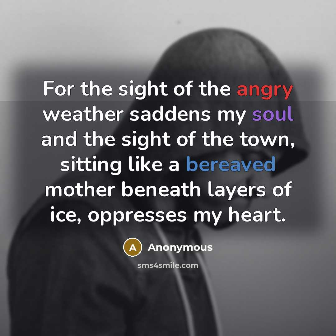 “For the sight of the angry weather saddens my soul and the sight of the town, sitting like a bereaved mother beneath layers of ice, oppresses my heart.” quote by Anonymous