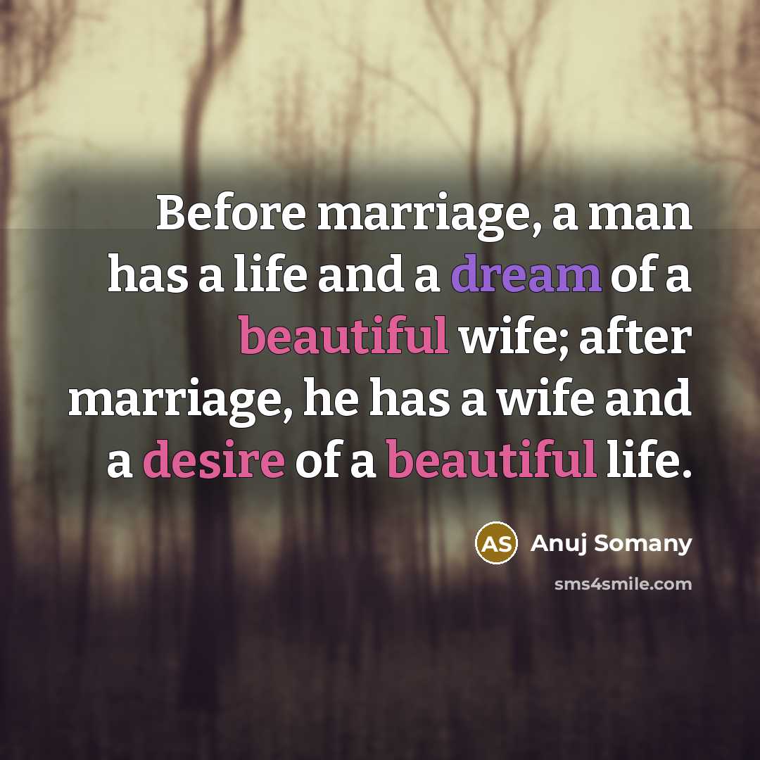 “Before marriage, a man has a life and a dream of a beautiful wife; after marriage, he has a wife and a desire of a beautiful life.” quote by Anuj Somany