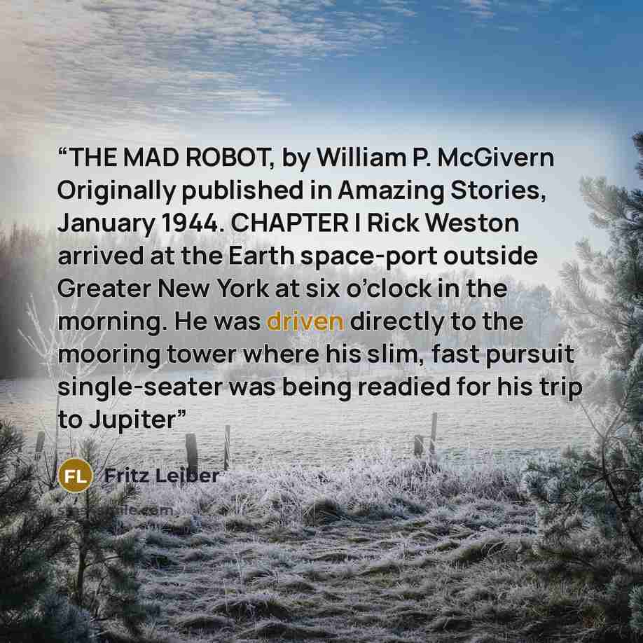“THE MAD ROBOT, by William P. McGivern Originally published in Amazing Stories, January 1944. CHAPTER I Rick Weston arrived at the Earth space-port outside Greater New York at six o’clock in the morning. He was driven directly to the mooring tower where his slim, fast pursuit single-seater was…” quote by Fritz Leiber