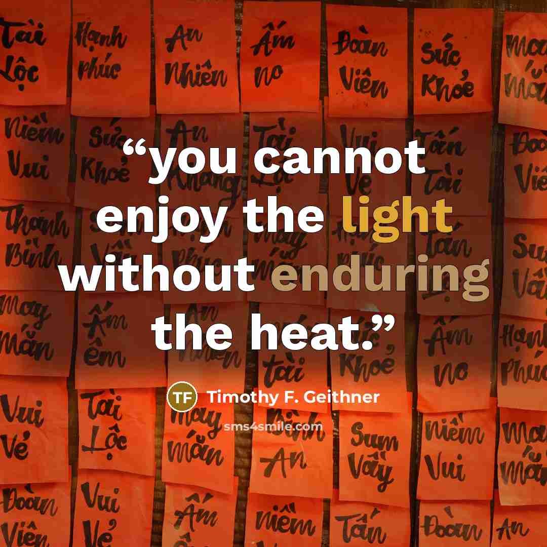 “you cannot enjoy the light without enduring the heat.” quote by Timothy F. Geithner