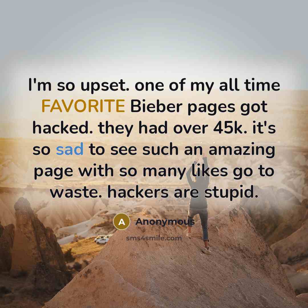 “I'm so upset. one of my all time FAVORITE Bieber pages got hacked. they had over 45k. it's so sad to see such an amazing page with so many likes go to waste. hackers are stupid.” quote by Anonymous