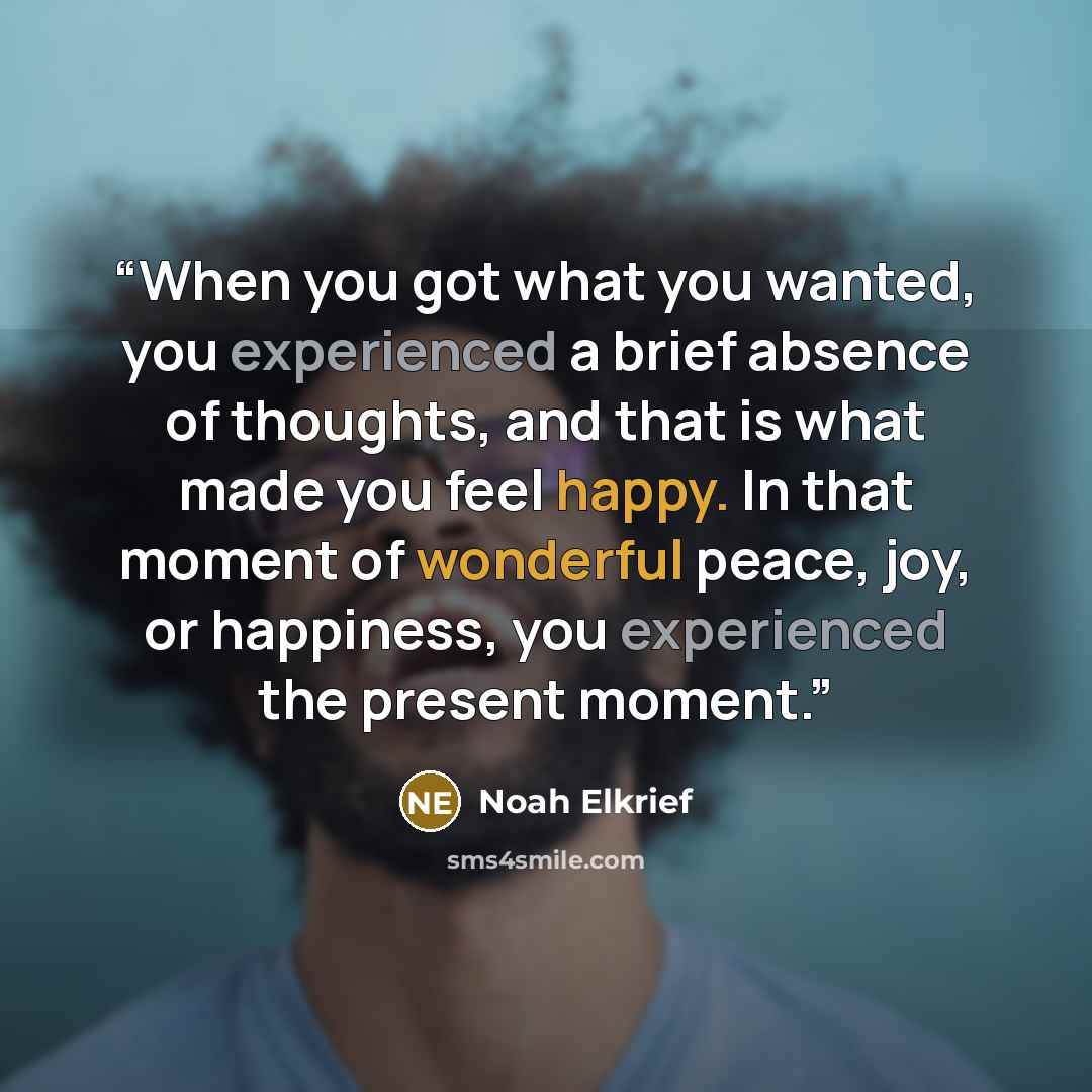 “When you got what you wanted, you experienced a brief absence of thoughts, and that is what made you feel happy. In that moment of wonderful peace, joy, or happiness, you experienced the present moment.” quote by Noah Elkrief
