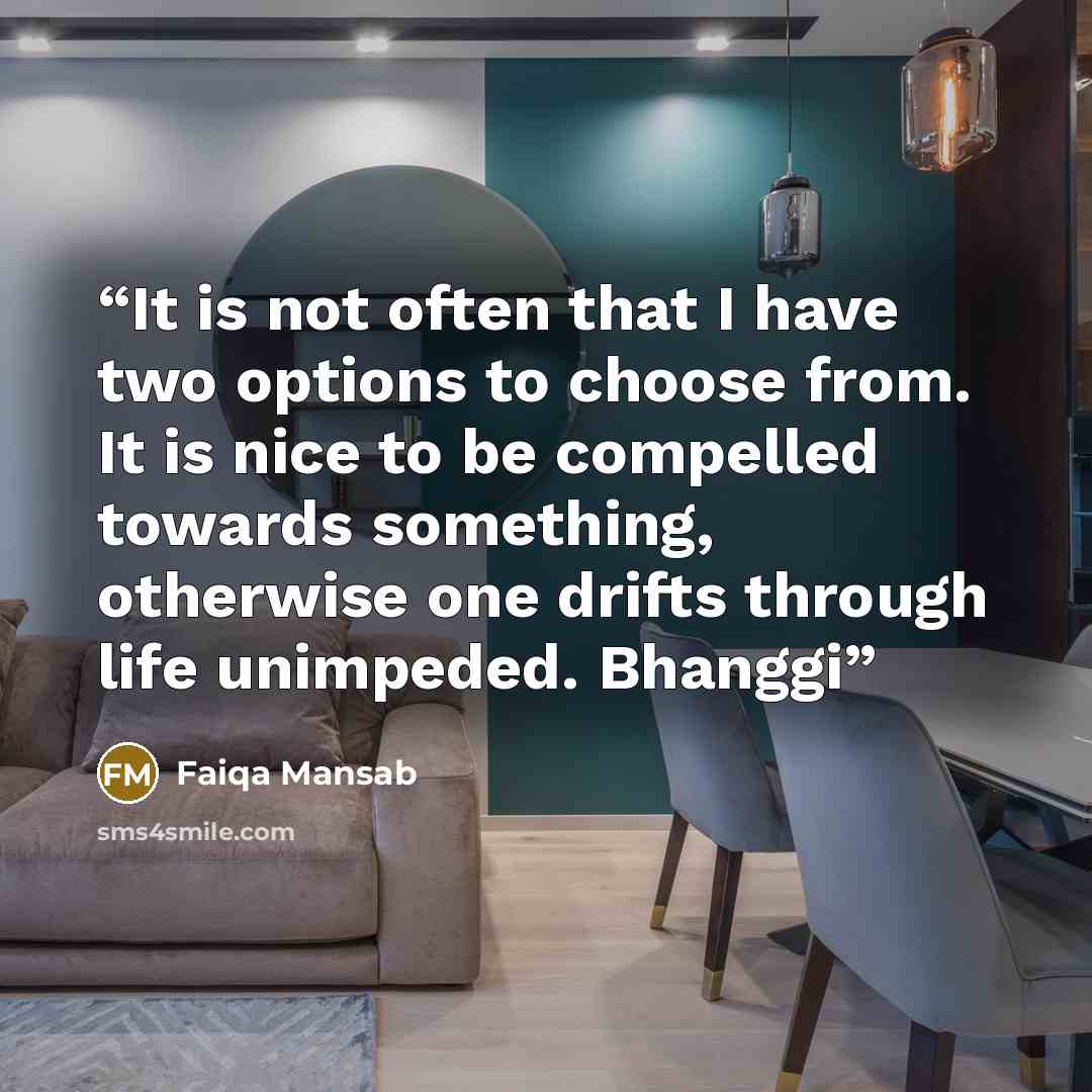 “It is not often that I have two options to choose from. It is nice to be compelled towards something, otherwise one drifts through life unimpeded. Bhanggi” quote by Faiqa Mansab