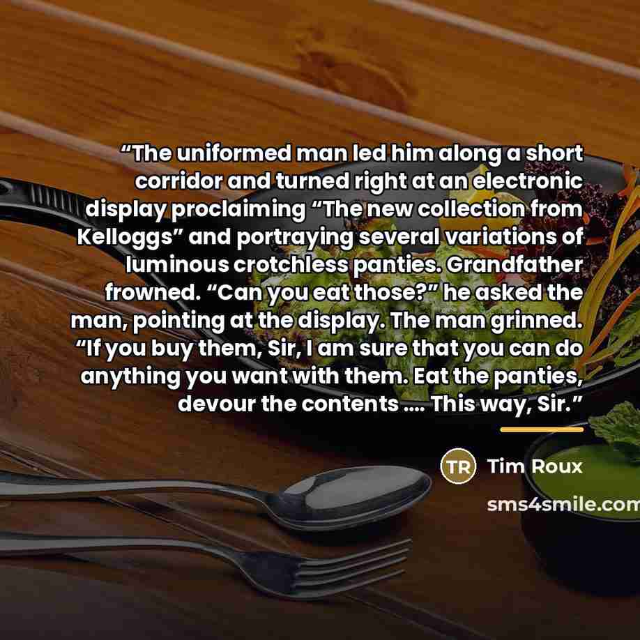 “The uniformed man led him along a short corridor and turned right at an electronic display proclaiming “The new collection from Kelloggs” and portraying several variations of luminous crotchless panties. Grandfather frowned. “Can you eat those?” he asked the man, pointing at the display. The man…” quote by Tim Roux