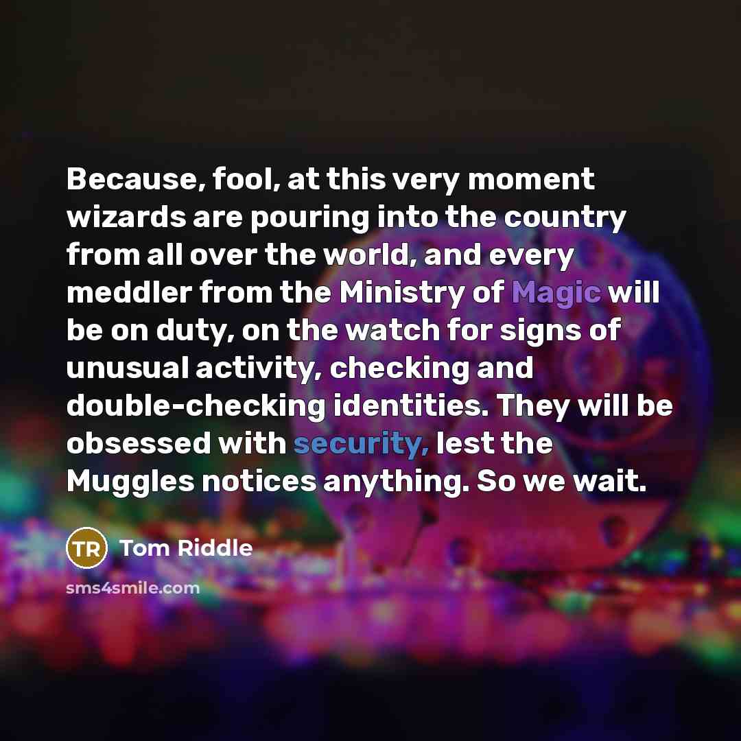 “Because, fool, at this very moment wizards are pouring into the country from all over the world, and every meddler from the Ministry of Magic will be on duty, on the watch for signs of unusual activity, checking and double-checking identities. They will be obsessed with security, lest the Muggles…” quote by Tom Riddle