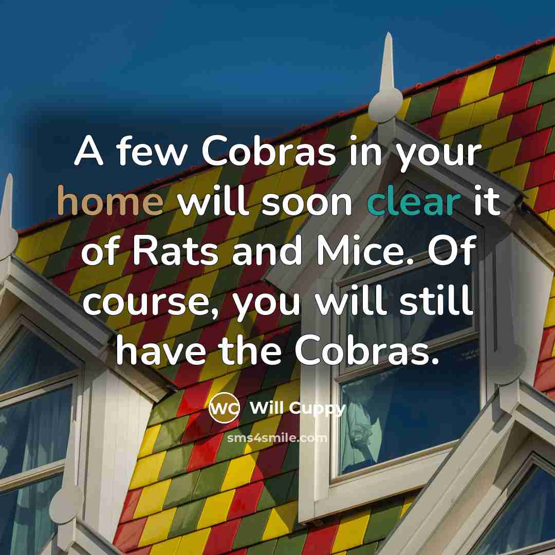 “A few Cobras in your home will soon clear it of Rats and Mice. Of course, you will still have the Cobras.” quote by Will Cuppy