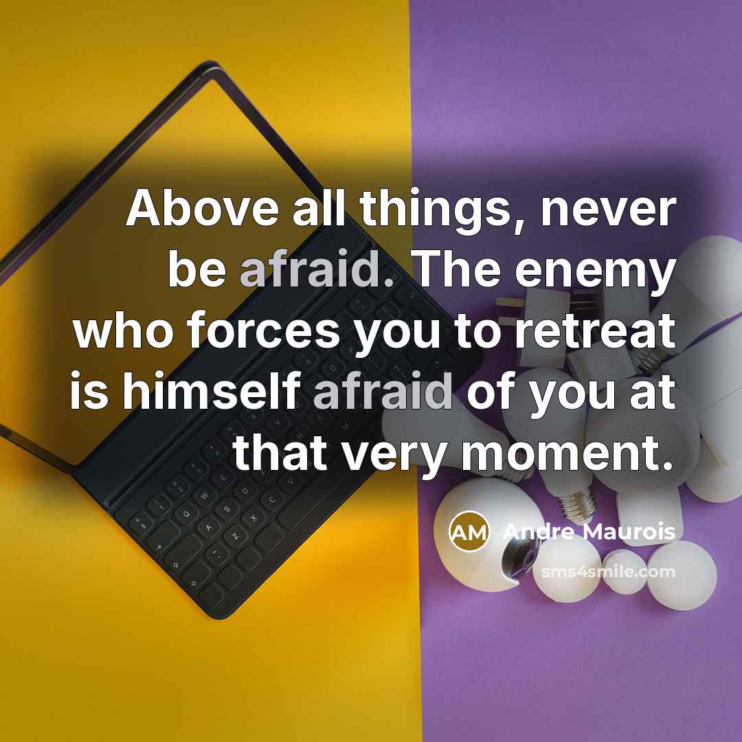 “Above all things, never be afraid. The enemy who forces you to retreat is himself afraid of you at that very moment.” quote by Andre Maurois