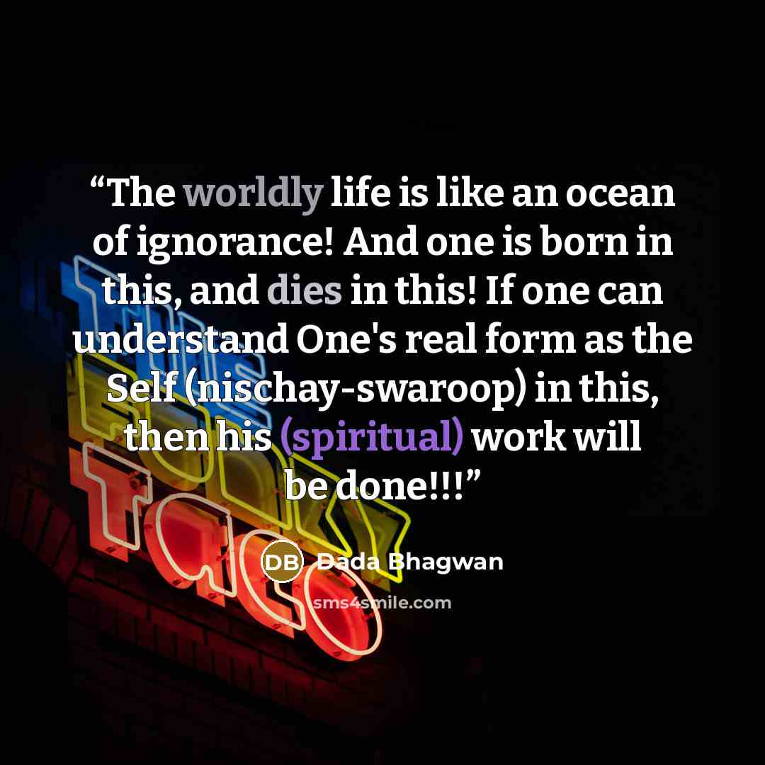 “The worldly life is like an ocean of ignorance! And one is born in this, and dies in this! If one can understand One's real form as the Self (nischay-swaroop) in this, then his (spiritual) work will be done!!!” quote by Dada Bhagwan
