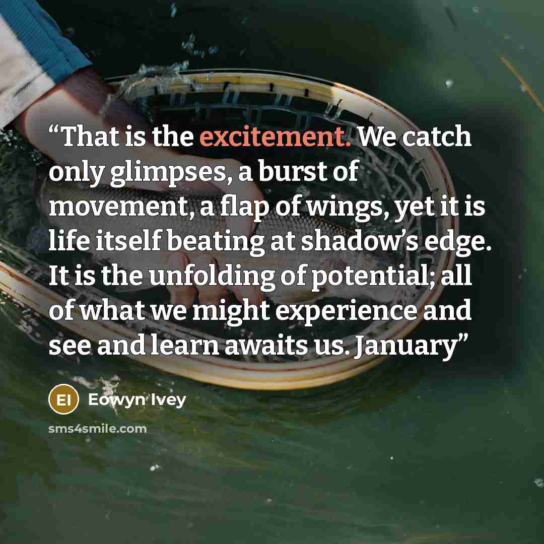 “That is the excitement. We catch only glimpses, a burst of movement, a flap of wings, yet it is life itself beating at shadow’s edge. It is the unfolding of potential; all of what we might experience and see and learn awaits us. January” quote by Eowyn Ivey