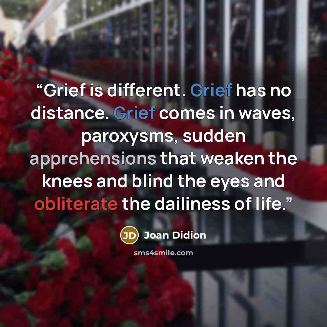 “Grief is different. Grief has no distance. Grief comes in waves, paroxysms, sudden apprehensions that weaken the knees and blind the eyes and obliterate the dailiness of life.” quote by Joan Didion