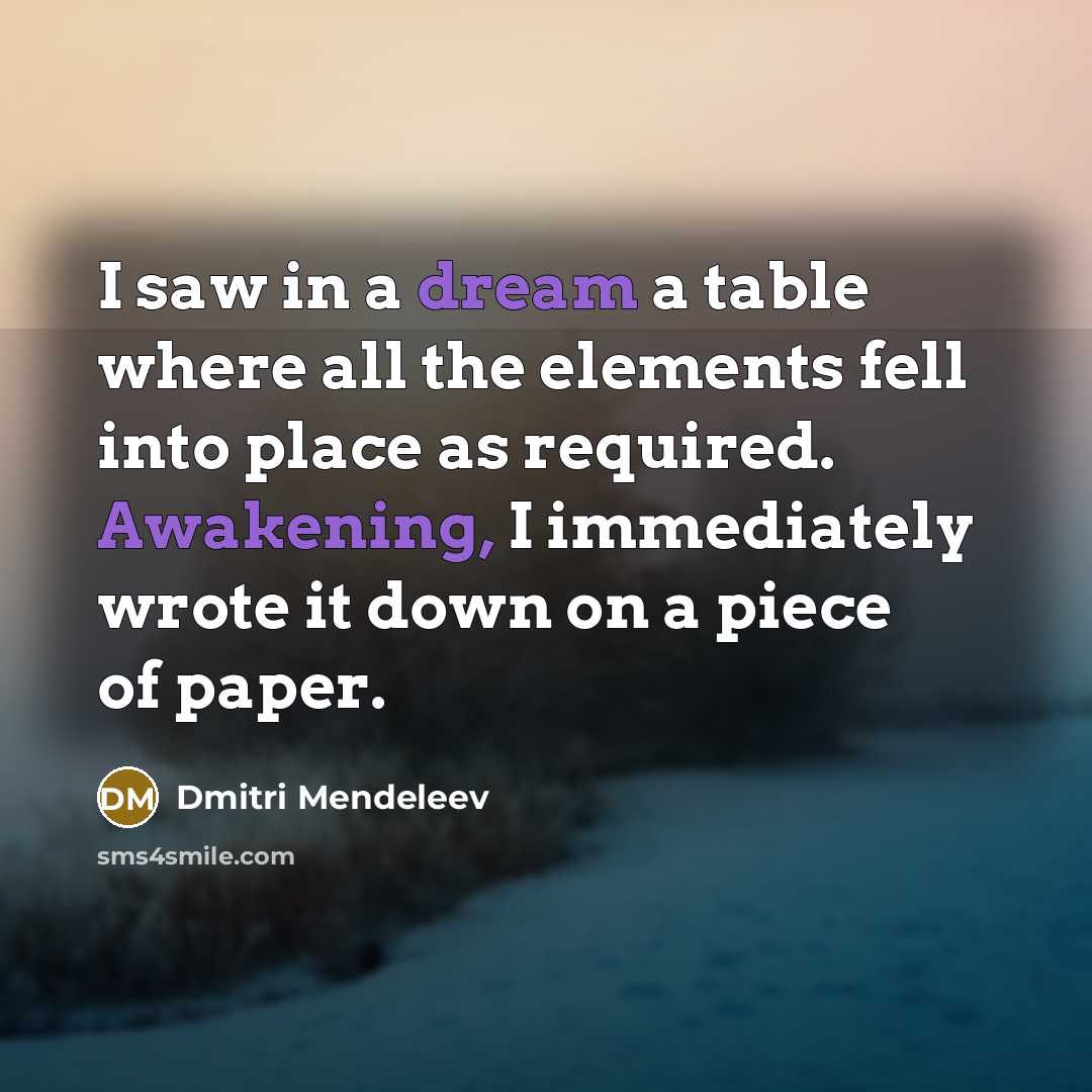 “I saw in a dream a table where all the elements fell into place as required. Awakening, I immediately wrote it down on a piece of paper.” quote by Dmitri Mendeleev