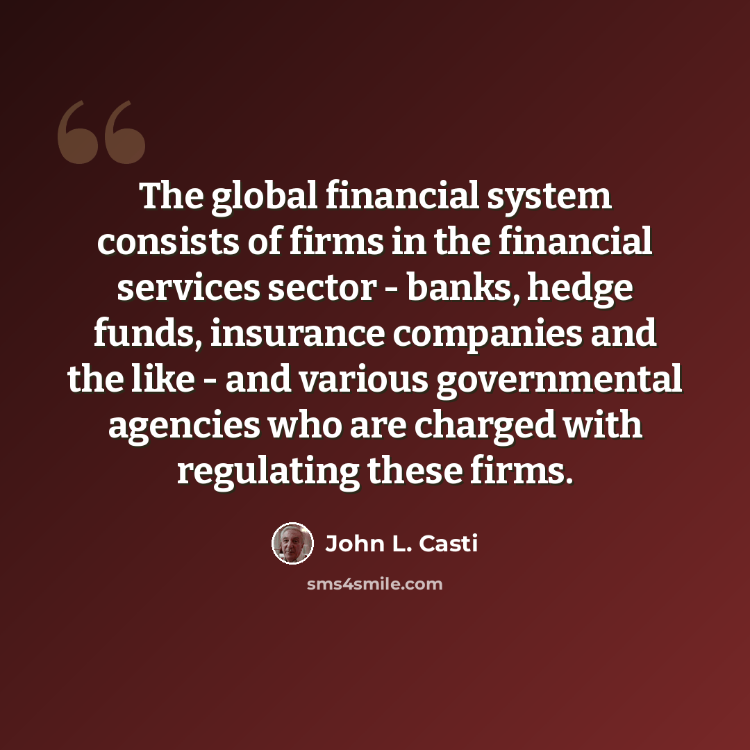 “The global financial system consists of firms in the financial services sector - banks, hedge funds, insurance companies and the like - and various governmental agencies who are charged with regulating these firms.” quote by John L. Casti