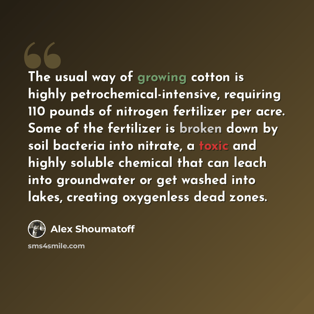 “The usual way of growing cotton is highly petrochemical-intensive, requiring 110 pounds of nitrogen fertilizer per acre. Some of the fertilizer is broken down by soil bacteria into nitrate, a toxic and highly soluble chemical that can leach into groundwater or get washed into lakes, creating…” quote by Alex Shoumatoff