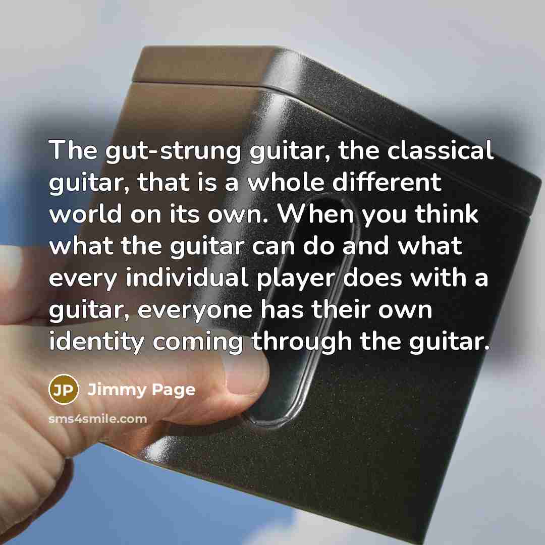 “The gut-strung guitar, the classical guitar, that is a whole different world on its own. When you think what the guitar can do and what every individual player does with a guitar, everyone has their own identity coming through the guitar.” quote by Jimmy Page