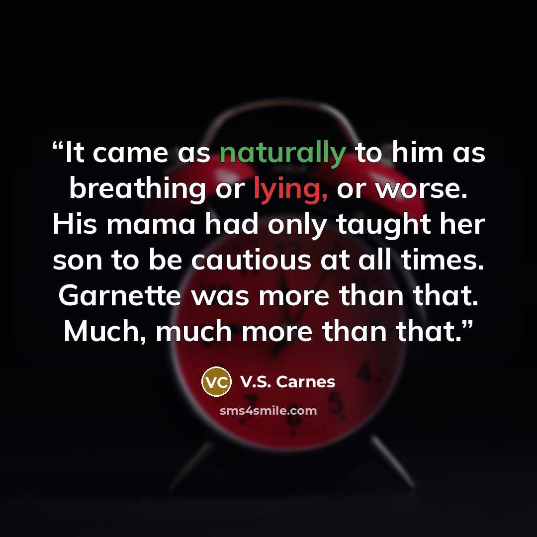 “It came as naturally to him as breathing or lying, or worse. His mama had only taught her son to be cautious at all times. Garnette was more than that. Much, much more than that.” quote by V.S. Carnes