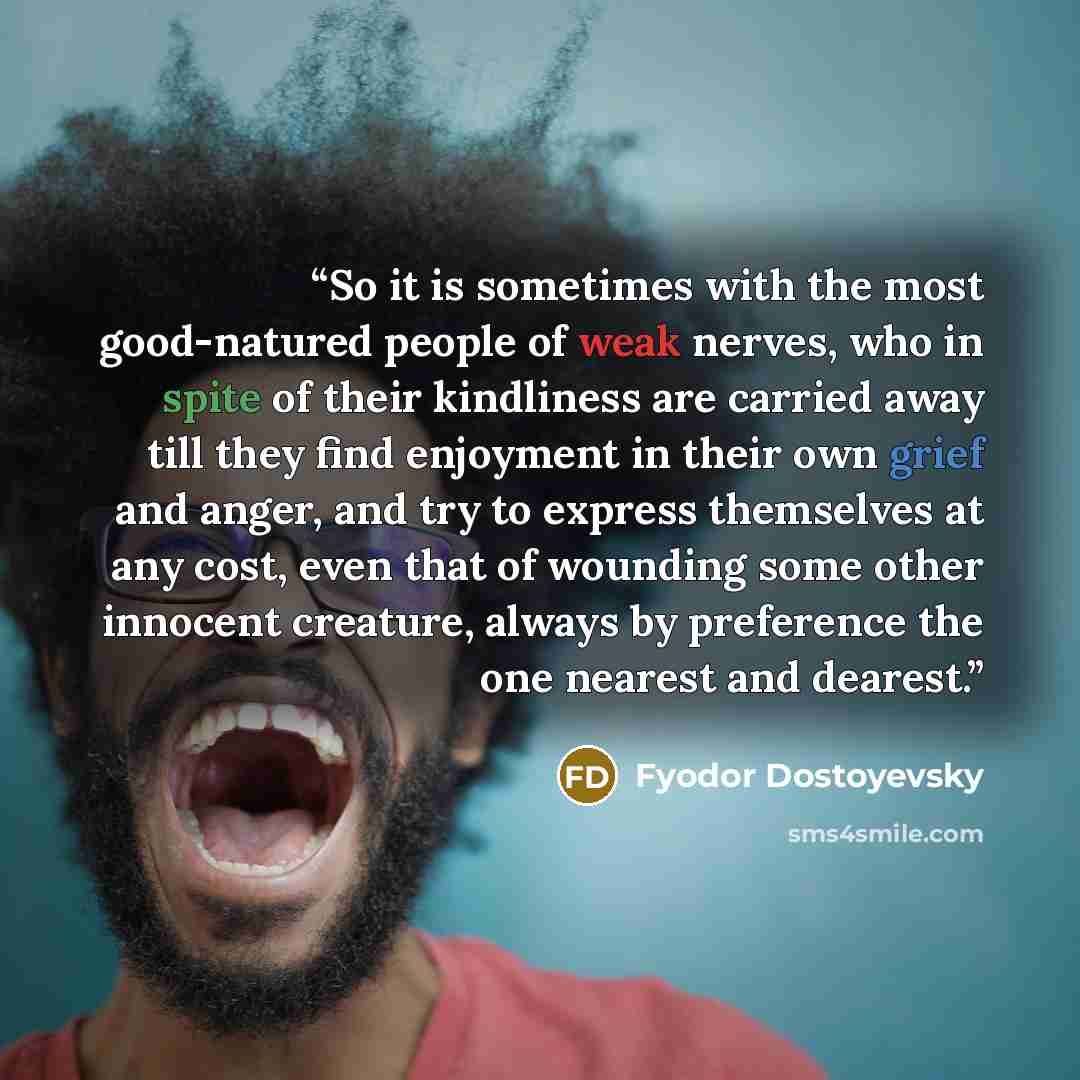 “So it is sometimes with the most good-natured people of weak nerves, who in spite of their kindliness are carried away till they find enjoyment in their own grief and anger, and try to express themselves at any cost, even that of wounding some other innocent creature, always by preference the one…” quote by Fyodor Dostoyevsky