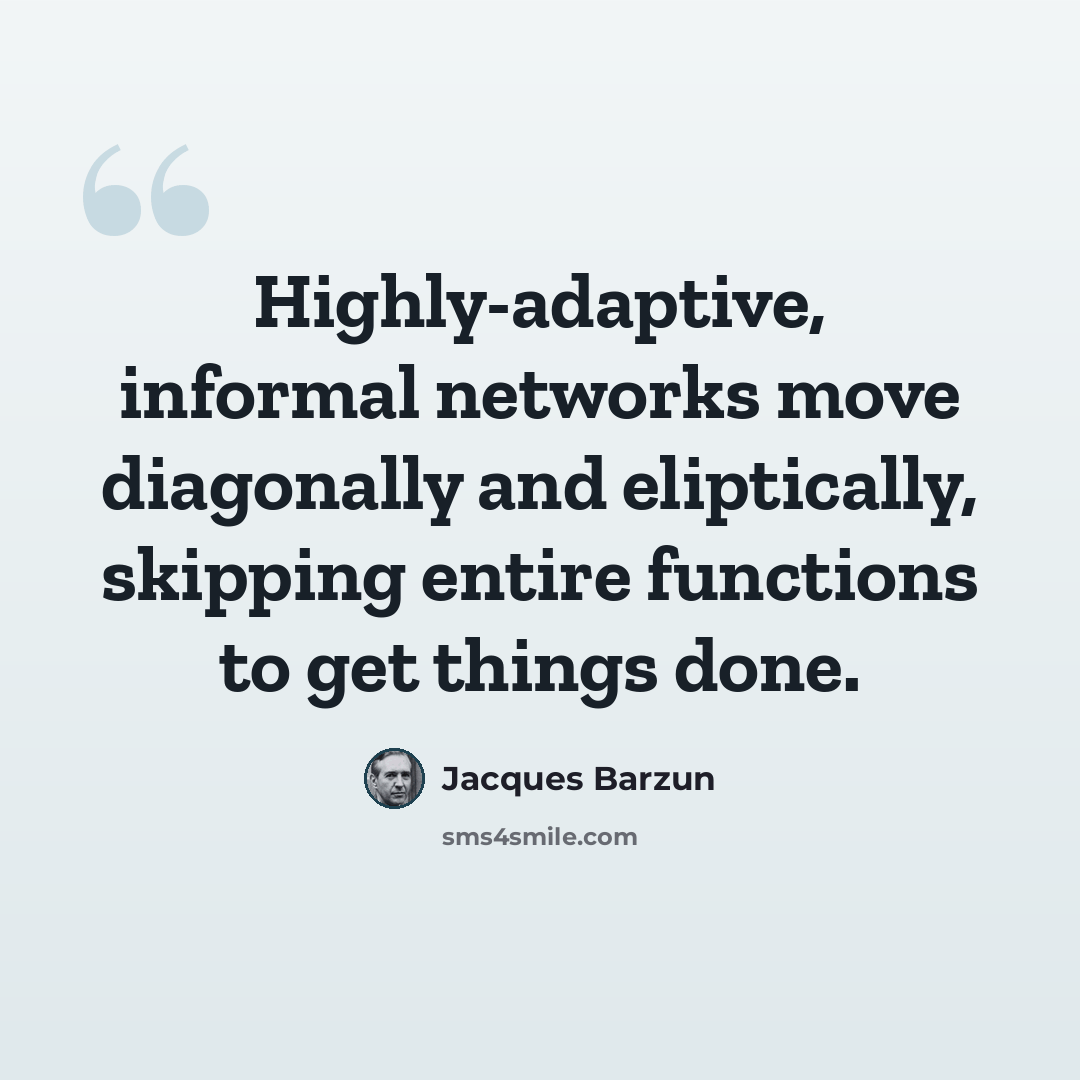 “Highly-adaptive, informal networks move diagonally and eliptically, skipping entire functions to get things done.” quote by Jacques Barzun