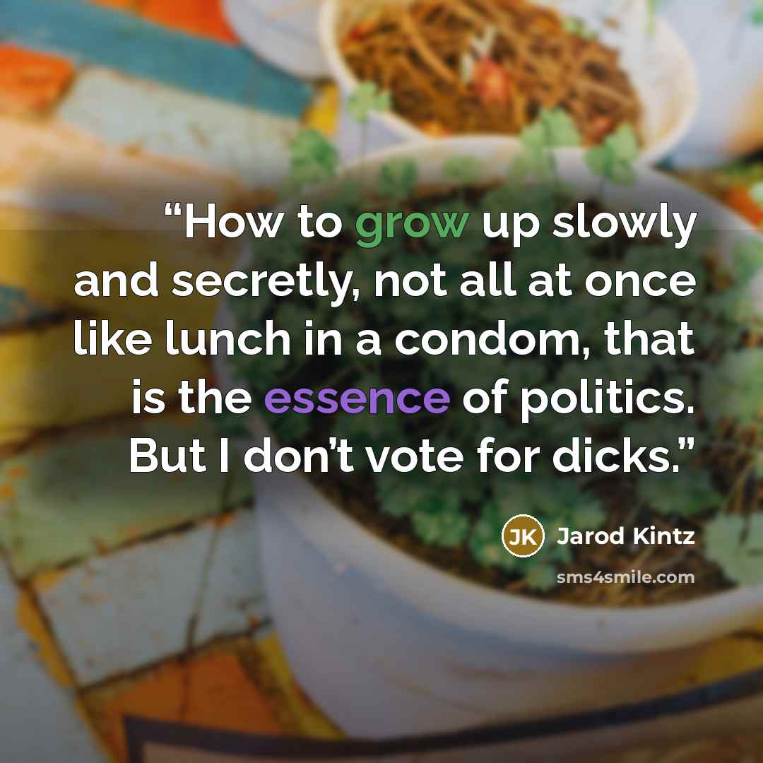 “How to grow up slowly and secretly, not all at once like lunch in a condom, that is the essence of politics. But I don’t vote for dicks.” quote by Jarod Kintz