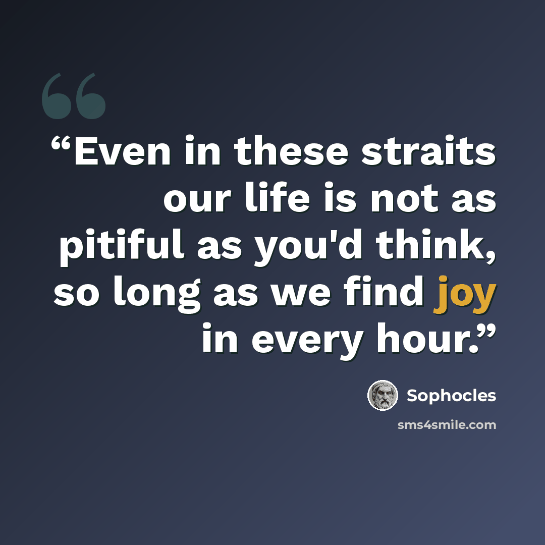 “Even in these straits our life is not as pitiful as you'd think, so long as we find joy in every hour.” quote by Sophocles
