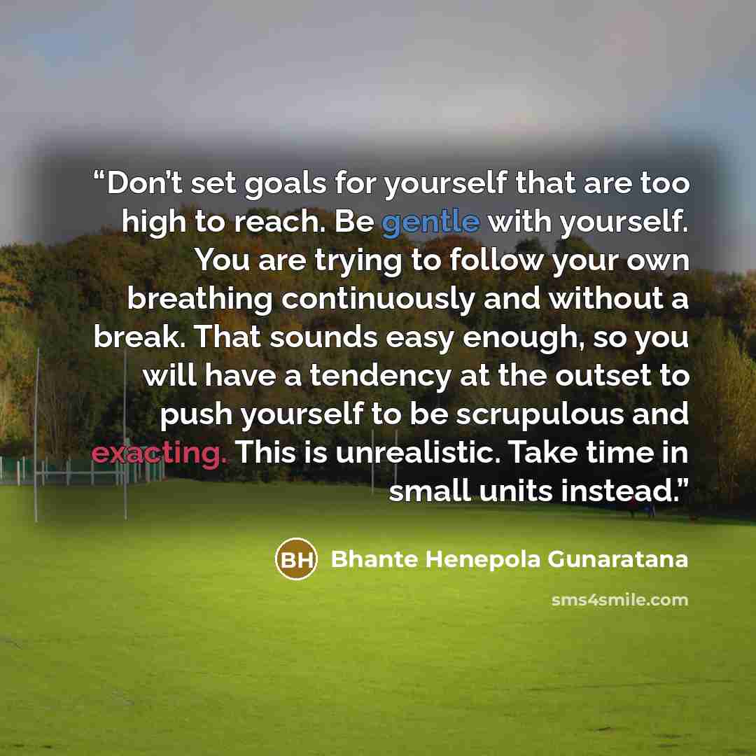 “Don’t set goals for yourself that are too high to reach. Be gentle with yourself. You are trying to follow your own breathing continuously and without a break. That sounds easy enough, so you will have a tendency at the outset to push yourself to be scrupulous and exacting. This is unrealistic…” quote by Bhante Henepola Gunaratana