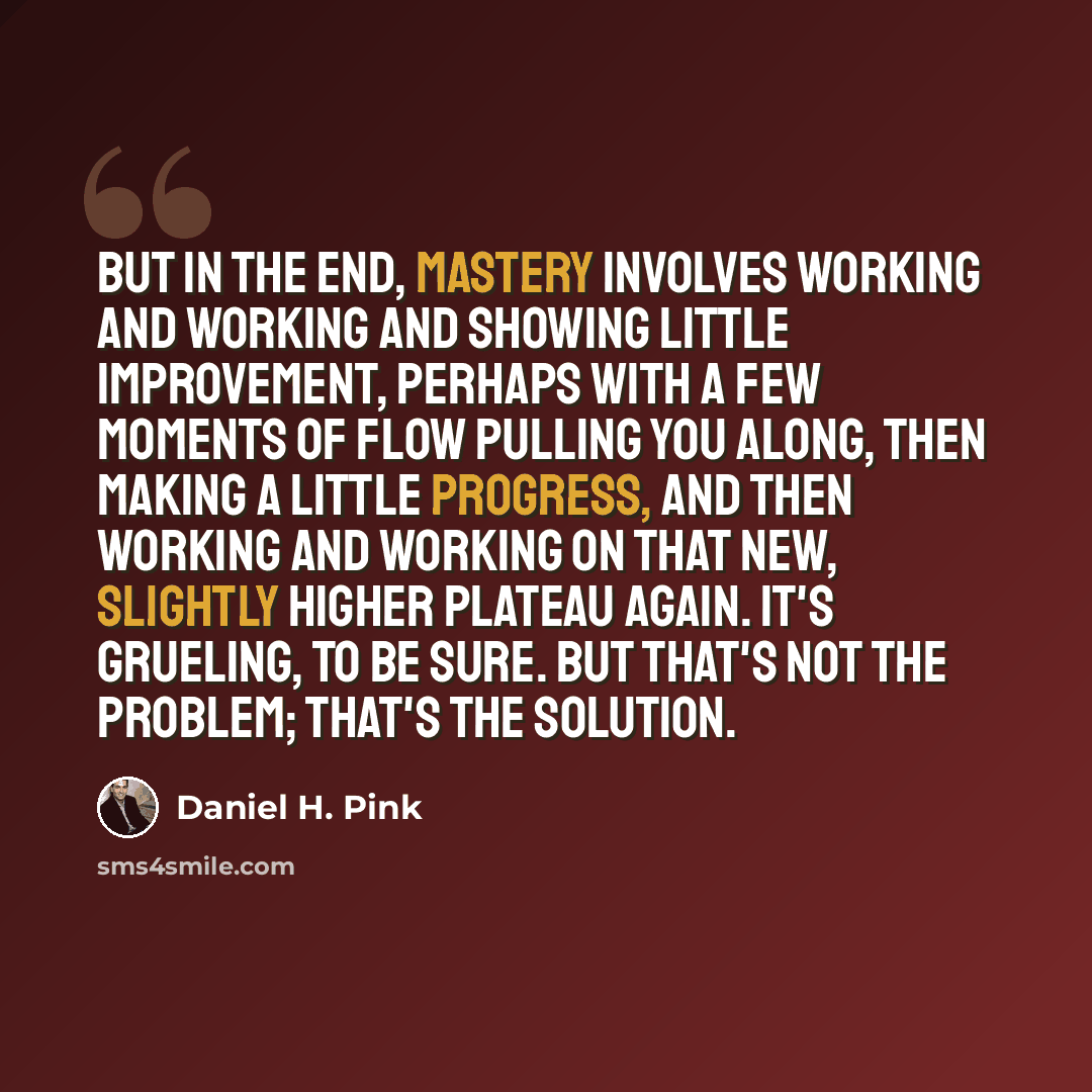 “But in the end, mastery involves working and working and showing little improvement, perhaps with a few moments of flow pulling you along, then making a little progress, and then working and working on that new, slightly higher plateau again. It's grueling, to be sure. But that's not the problem…” quote by Daniel H. Pink
