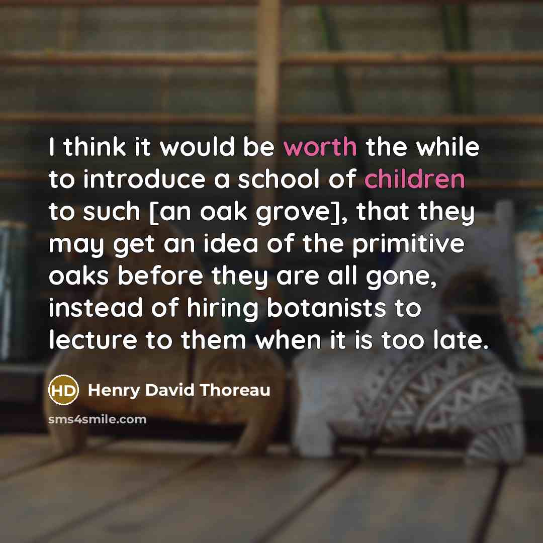 “I think it would be worth the while to introduce a school of children to such [an oak grove], that they may get an idea of the primitive oaks before they are all gone, instead of hiring botanists to lecture to them when it is too late.” quote by Henry David Thoreau