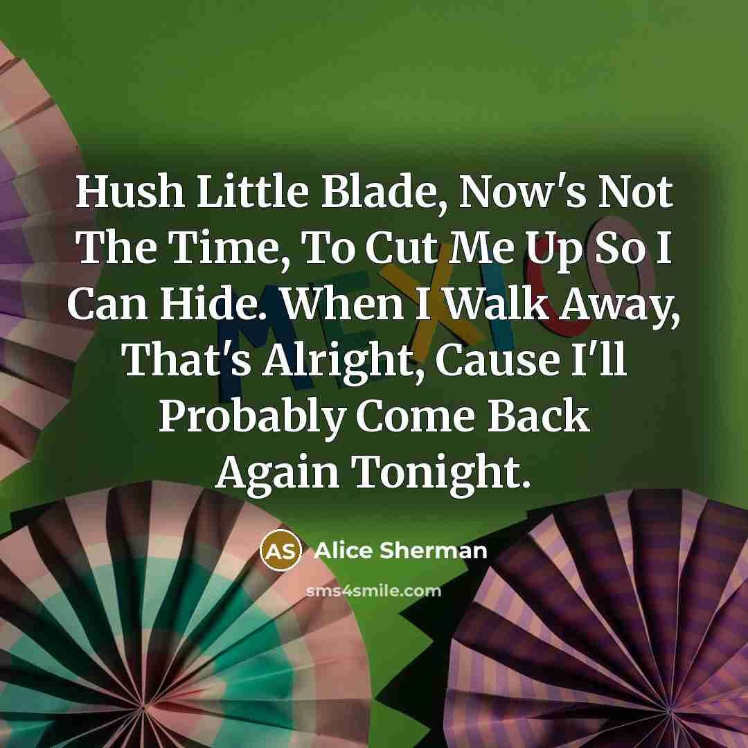 “Hush Little Blade, Now's Not The Time, To Cut Me Up So I Can Hide. When I Walk Away, That's Alright, Cause I'll Probably Come Back Again Tonight.” quote by Alice Sherman