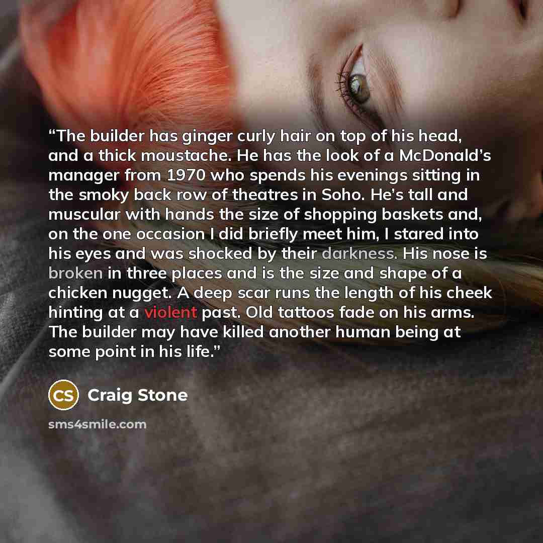 “The builder has ginger curly hair on top of his head, and a thick moustache. He has the look of a McDonald’s manager from 1970 who spends his evenings sitting in the smoky back row of theatres in Soho. He’s tall and muscular with hands the size of shopping baskets and, on the one occasion I did…” quote by Craig Stone