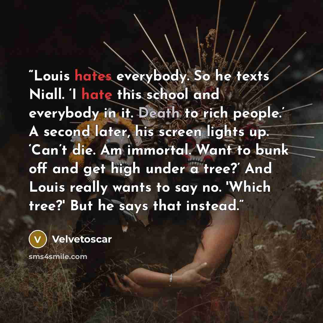 “Louis hates everybody. So he texts Niall. ‘I hate this school and everybody in it. Death to rich people.’ A second later, his screen lights up. ‘Can’t die. Am immortal. Want to bunk off and get high under a tree?’ And Louis really wants to say no. 'Which tree?' But he says that instead.” quote by Velvetoscar