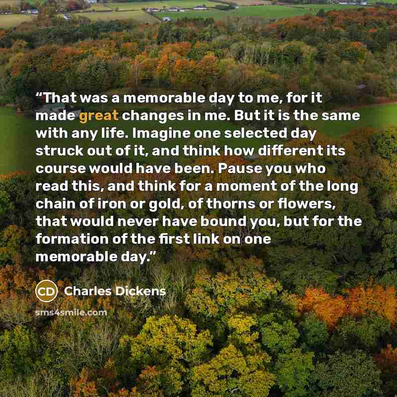 “That was a memorable day to me, for it made great changes in me. But it is the same with any life. Imagine one selected day struck out of it, and think how different its course would have been. Pause you who read this, and think for a moment of the long chain of iron or gold, of thorns or flowers…” quote by Charles Dickens