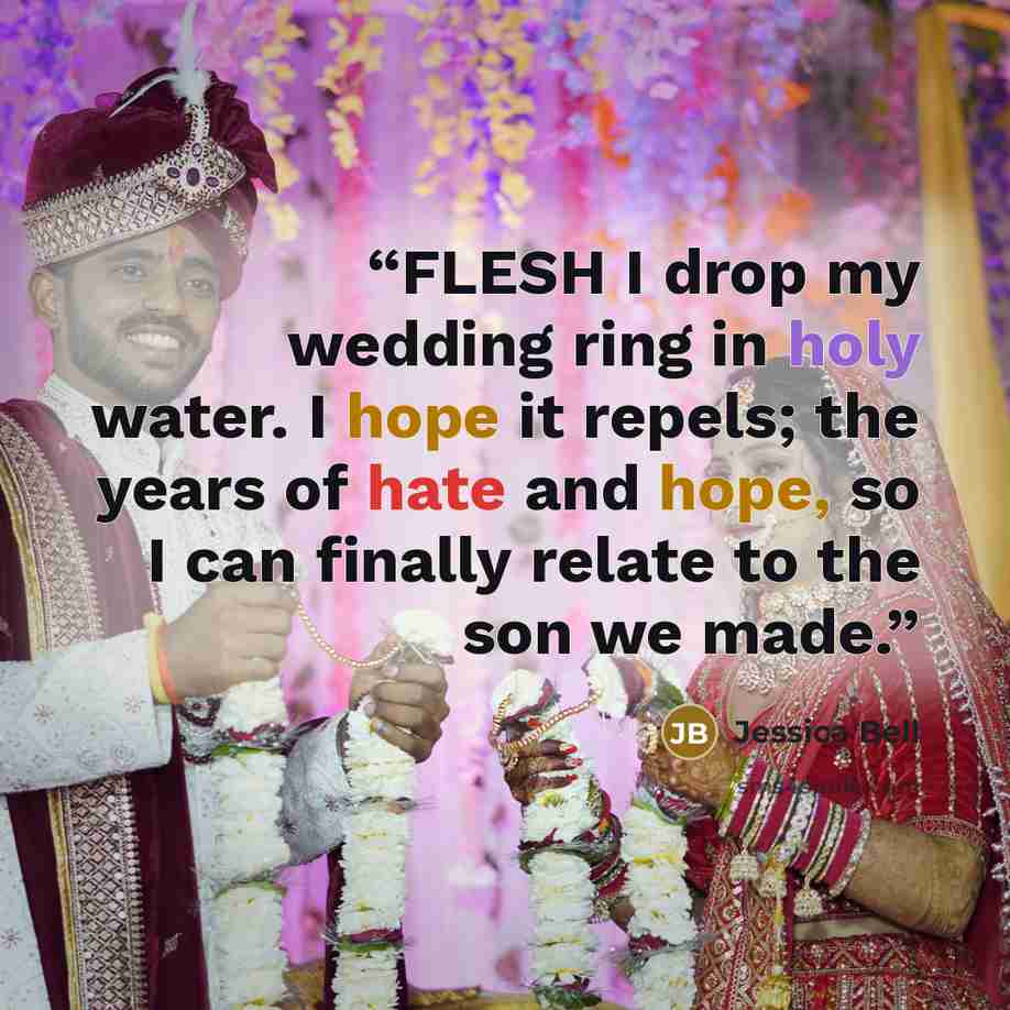“FLESH I drop my wedding ring in holy water. I hope it repels; the years of hate and hope, so I can finally relate to the son we made.” quote by Jessica Bell