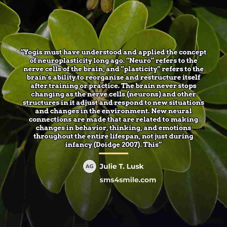 “Yogis must have understood and applied the concept of neuroplasticity long ago. “Neuro” refers to the nerve cells of the brain, and “plasticity” refers to the brain’s ability to reorganize and restructure itself after training or practice. The brain never stops changing as the nerve cells…” quote by Julie T. Lusk