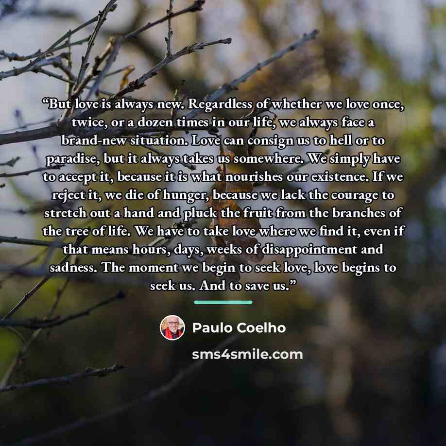 “But love is always new. Regardless of whether we love once, twice, or a dozen times in our life, we always face a brand-new situation. Love can consign us to hell or to paradise, but it always takes us somewhere. We simply have to accept it, because it is what nourishes our existence. If we reject…” quote by Paulo Coelho